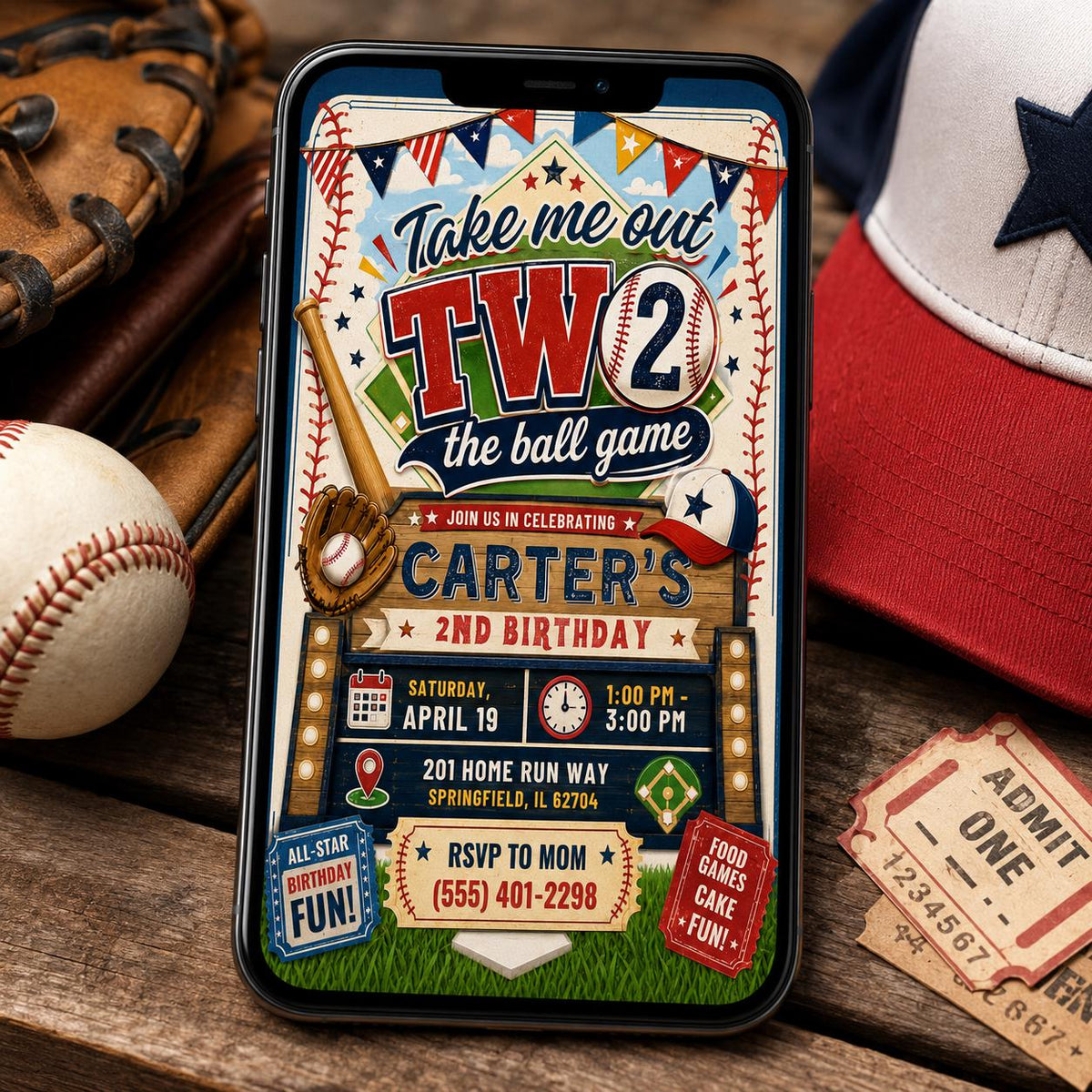 Take Me Out to the Ball Game 2nd Birthday Invitation — baseball and sports design