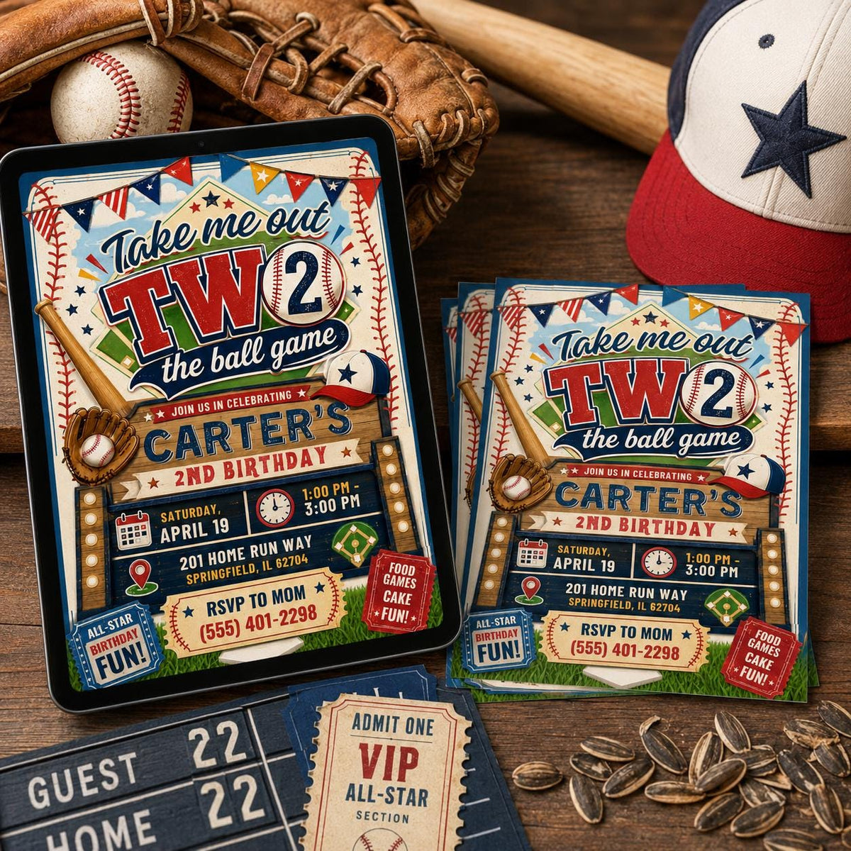Take Me Out to the Ball Game 2nd Birthday Invitation — vintage 2nd birthday party design