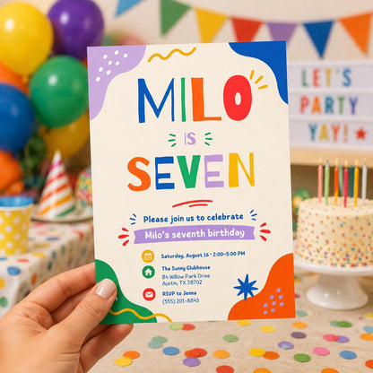 7 Birthday Invitation, I was 7 Neon Birthday Party Invite, Boys 7th Birthday , Canva Template __etsy:8097486319