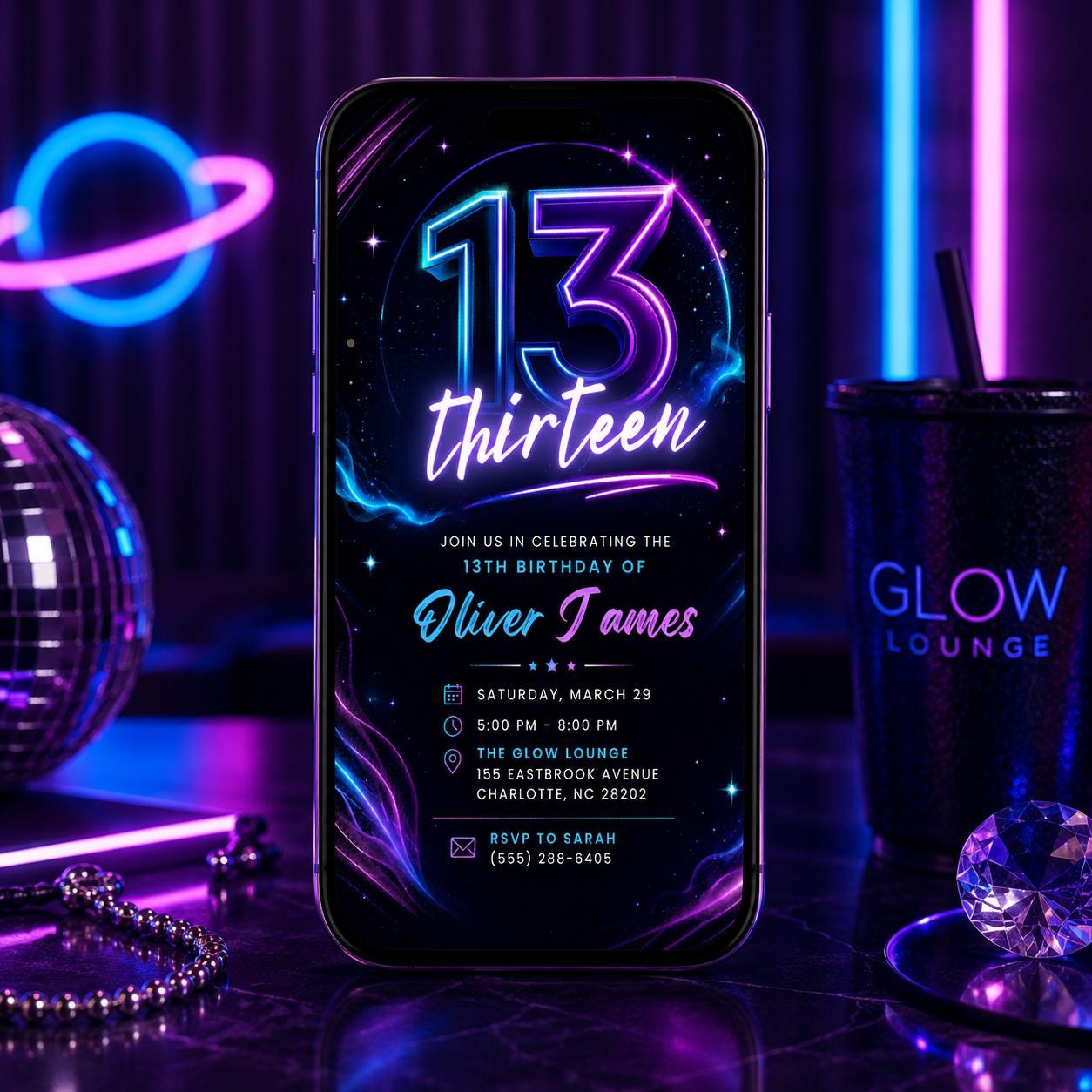 13th Birthday Invitation, Neon Glow Party Editable Template,  boys Neon Glow Party invite,  Thirteen Is A Vibe 13th, Editable Canva Template __etsy:8097486907