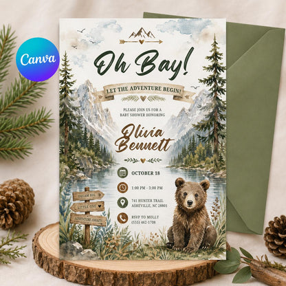Oh Boy Mountain Bear Baby Shower Invitation — editable Canva template