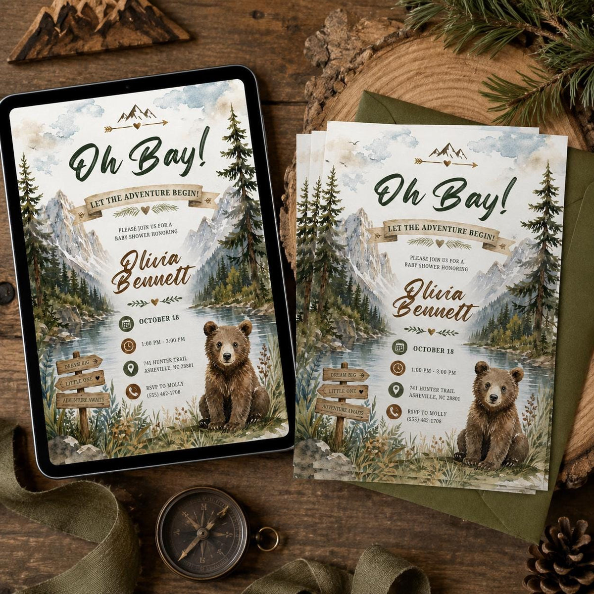 Oh Boy Mountain Bear Baby Shower Invitation — lake and mountains design