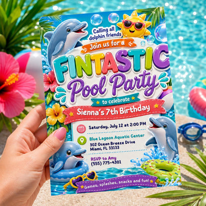 Dolphin Pool Party Invitation, Pool Party Birthday Party Invitation Template, Hand Drawn Whimsical Swim Birthday Invite, Pool Celebration __etsy:8097668029