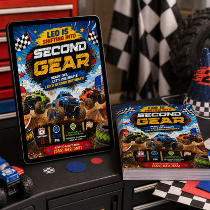 Monster Truck Birthday Invitation, Second Gear Party, Shifting into Second Gear Birthday Monster Truck Racing Invitation Canva Template __etsy:8097669949