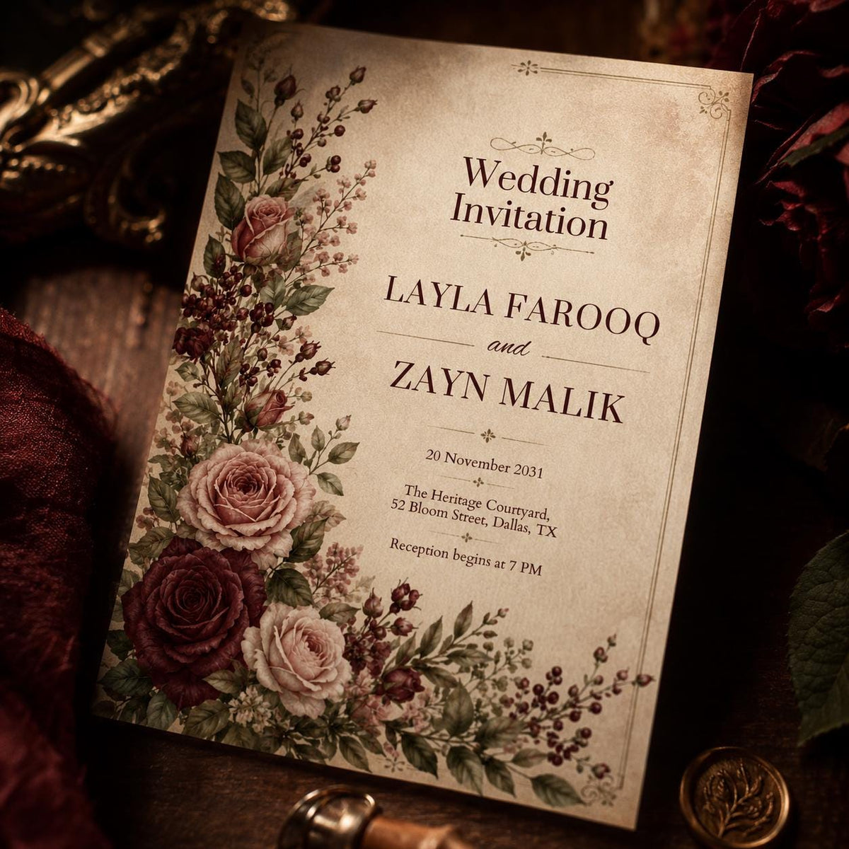 Burgundy Rose Wedding Invitation on Parchment — digital invitation, instant download