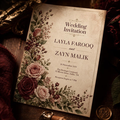 Burgundy Rose Wedding Invitation on Parchment — digital invitation, instant download