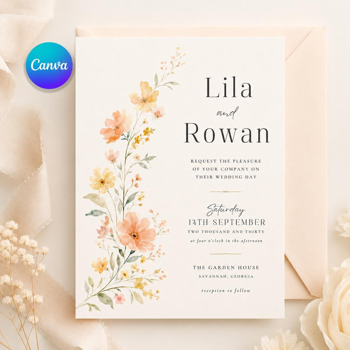 Peach Wildflower Wedding Invitation with Side Border — editable Canva template