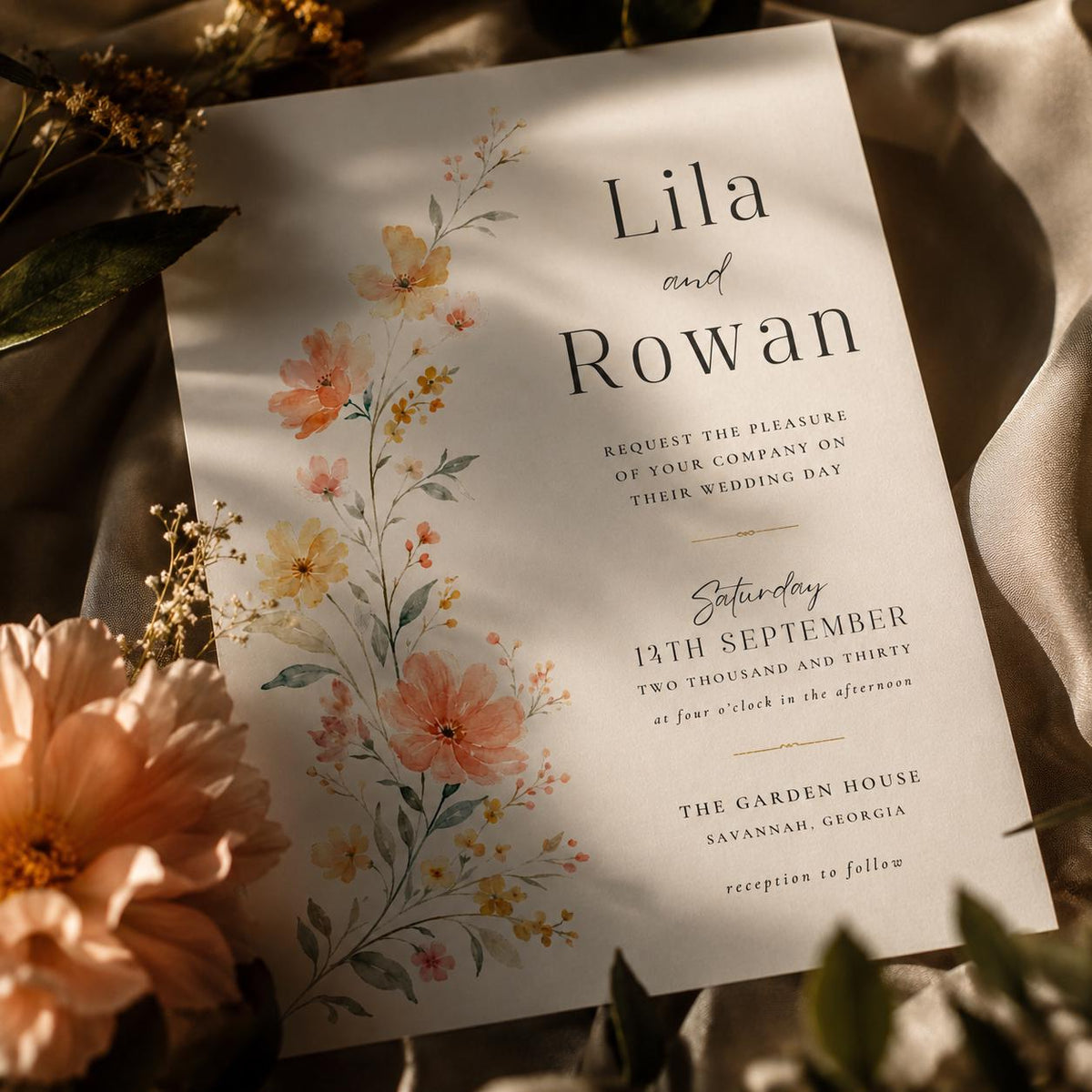 Peach Wildflower Wedding Invitation with Side Border — invitation you personalize in Canva