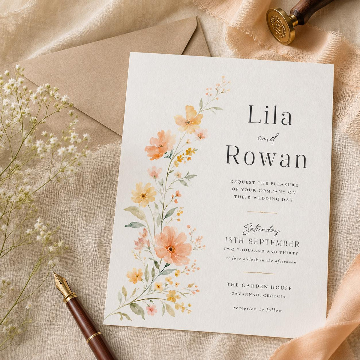 Peach Wildflower Wedding Invitation with Side Border — floral wedding design