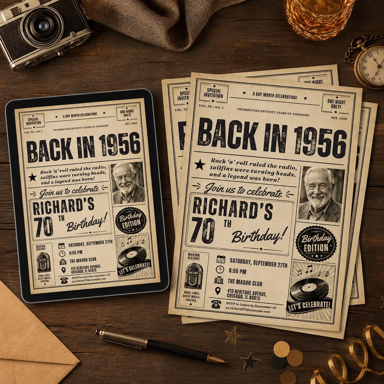 70th Birthday Invitation Template, Born In 1956 Birthday Newspaper Invite With Photo For Men or Women, Edit With Canva __etsy:8101261919