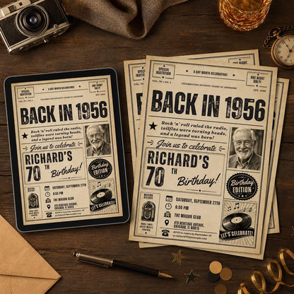 70th Birthday Invitation Template, Born In 1956 Birthday Newspaper Invite With Photo For Men or Women, Edit With Canva __etsy:8101261919