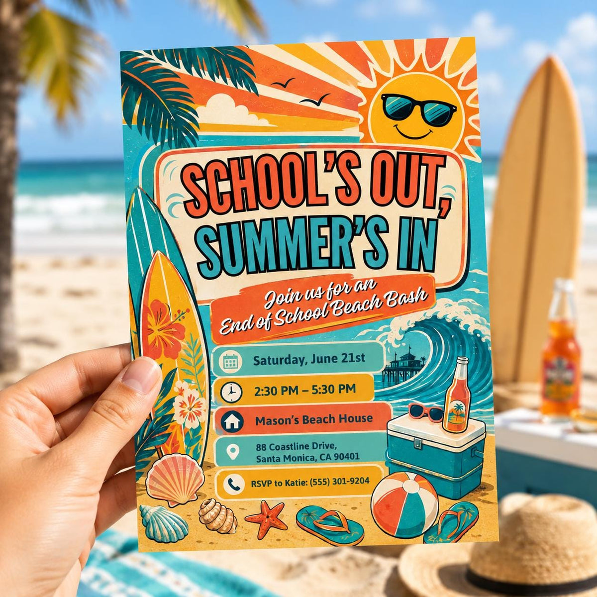 Retro School's Out Beach Bash Invitation — invitation you personalize in Canva