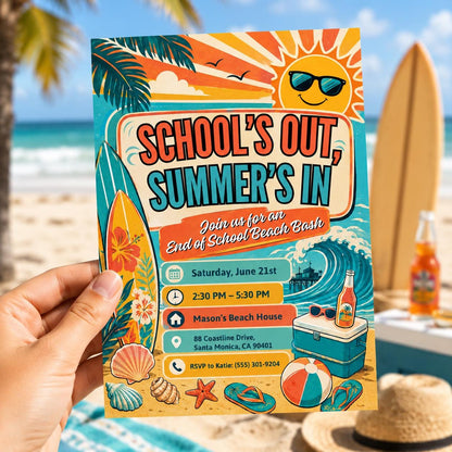 Retro School's Out Beach Bash Invitation — invitation you personalize in Canva