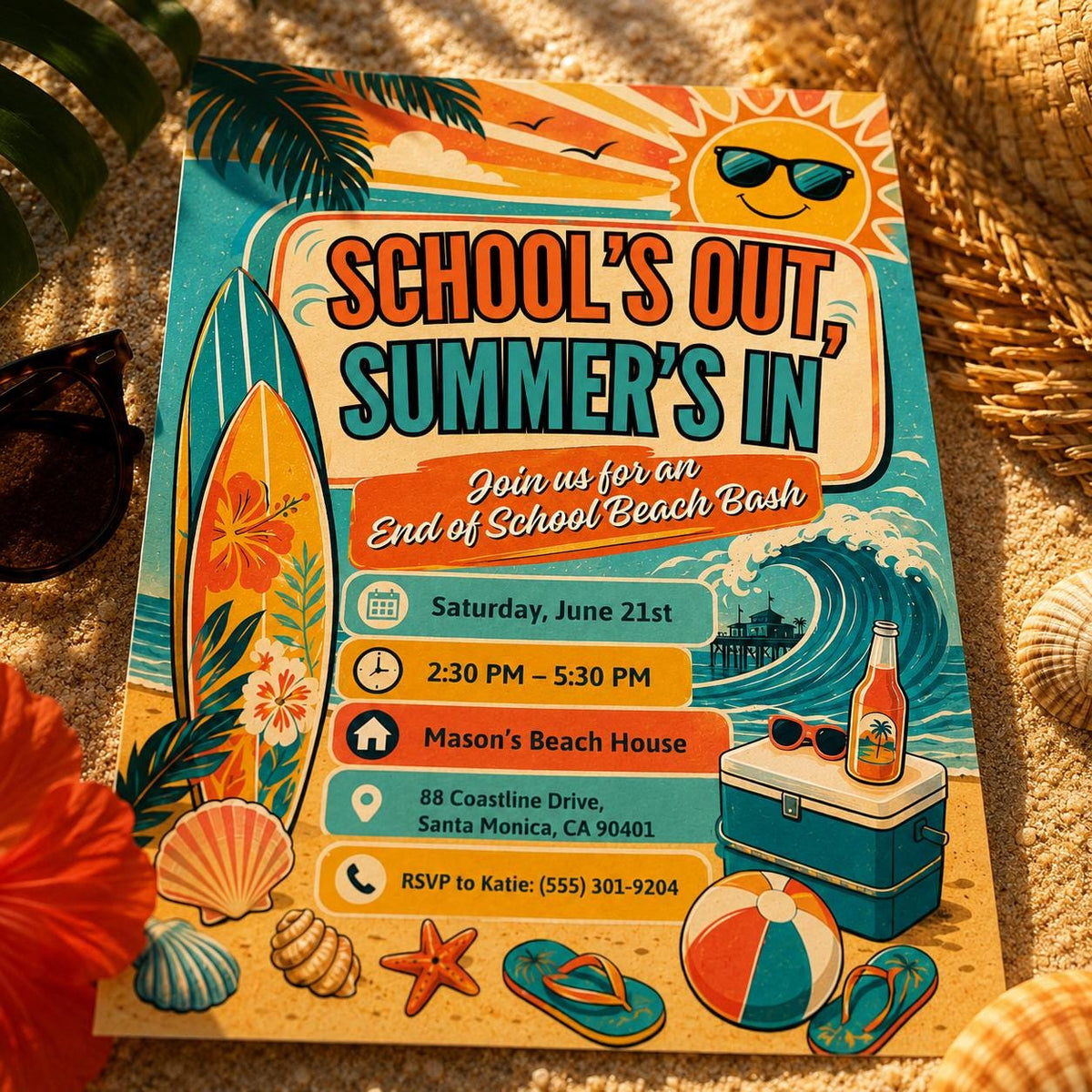 Retro School's Out Beach Bash Invitation — digital invitation, instant download