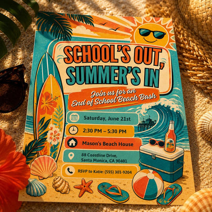 Retro School's Out Beach Bash Invitation — digital invitation, instant download