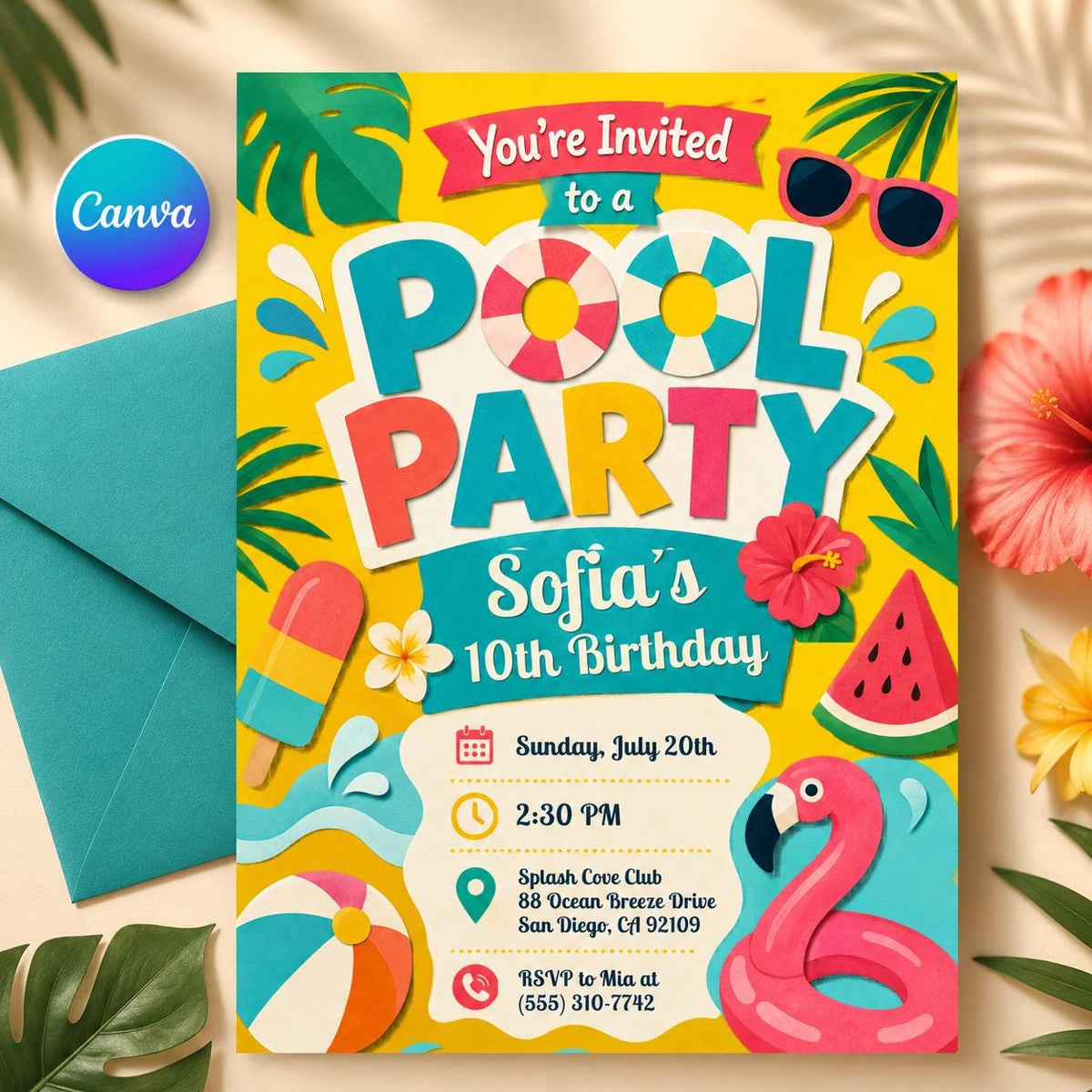 Tropical Pool Party 10th Birthday Invitation with Fruit — editable Canva template