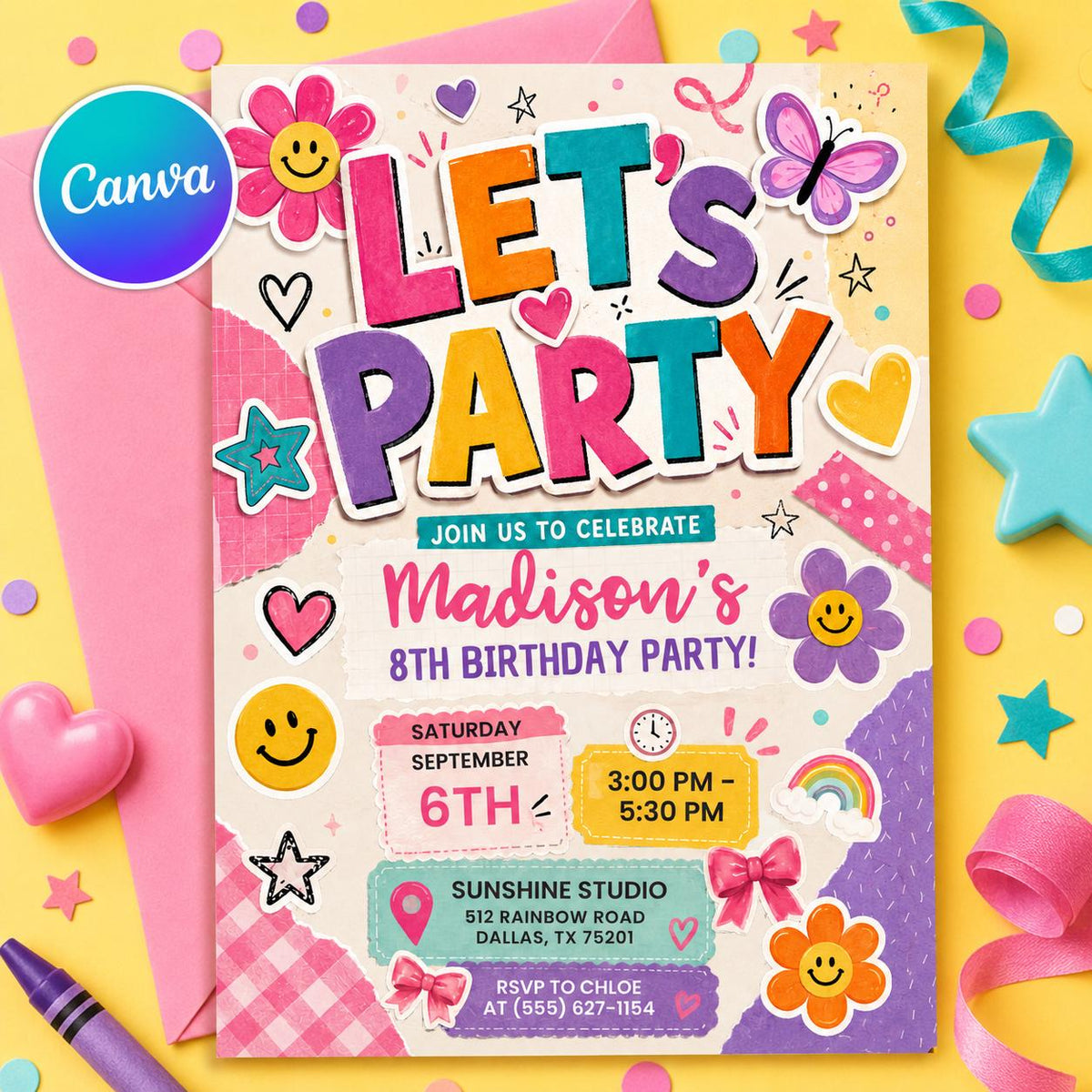 Retro Varsity Patch Smiley Birthday Invitation — editable Canva template
