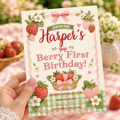 Editable Canva Invitation Berry First Birthday Party, Berry First Birthday Invitation, Editable 1st Birthday Girl Invite, Canva Template __etsy:8101843127