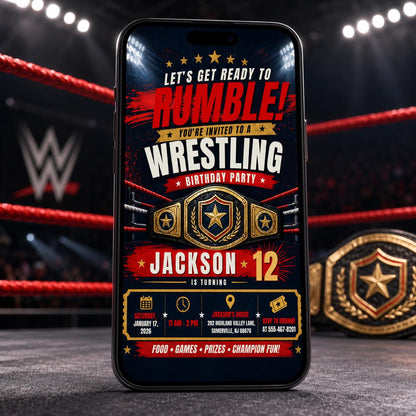 Wrestling Birthday Invitation, Ready to Rumble Party Invite, Editable Canva Template, Boys Champion 12th Birthday Party Invite Digital Party __etsy:8102401200