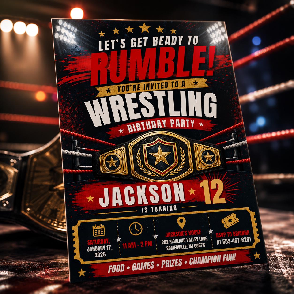 Wrestling Birthday Invitation, Ready to Rumble Party Invite, Editable Canva Template, Boys Champion 12th Birthday Party Invite Digital Party __etsy:8102401408