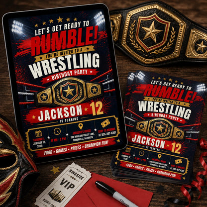 Wrestling Birthday Invitation, Ready to Rumble Party Invite, Editable Canva Template, Boys Champion 12th Birthday Party Invite Digital Party __etsy:8102401456