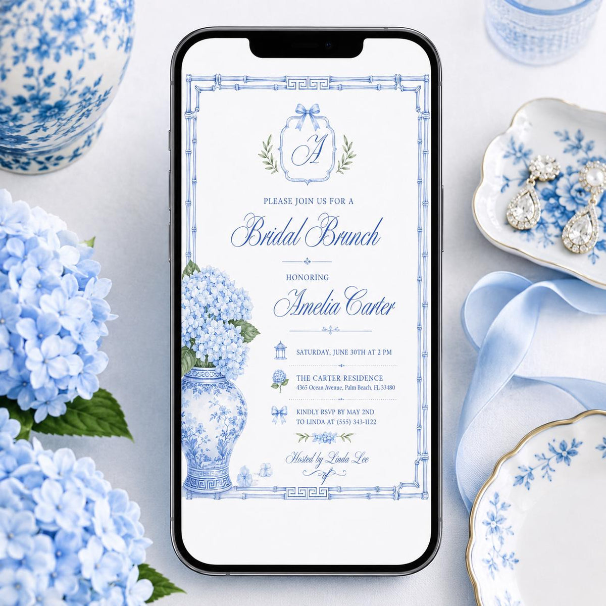 Blue Hydrangea Bridal Brunch Invitation — invitation you personalize in Canva