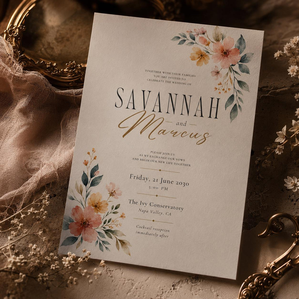 Peach Corner Florals Wedding Invitation — invitation you personalize in Canva