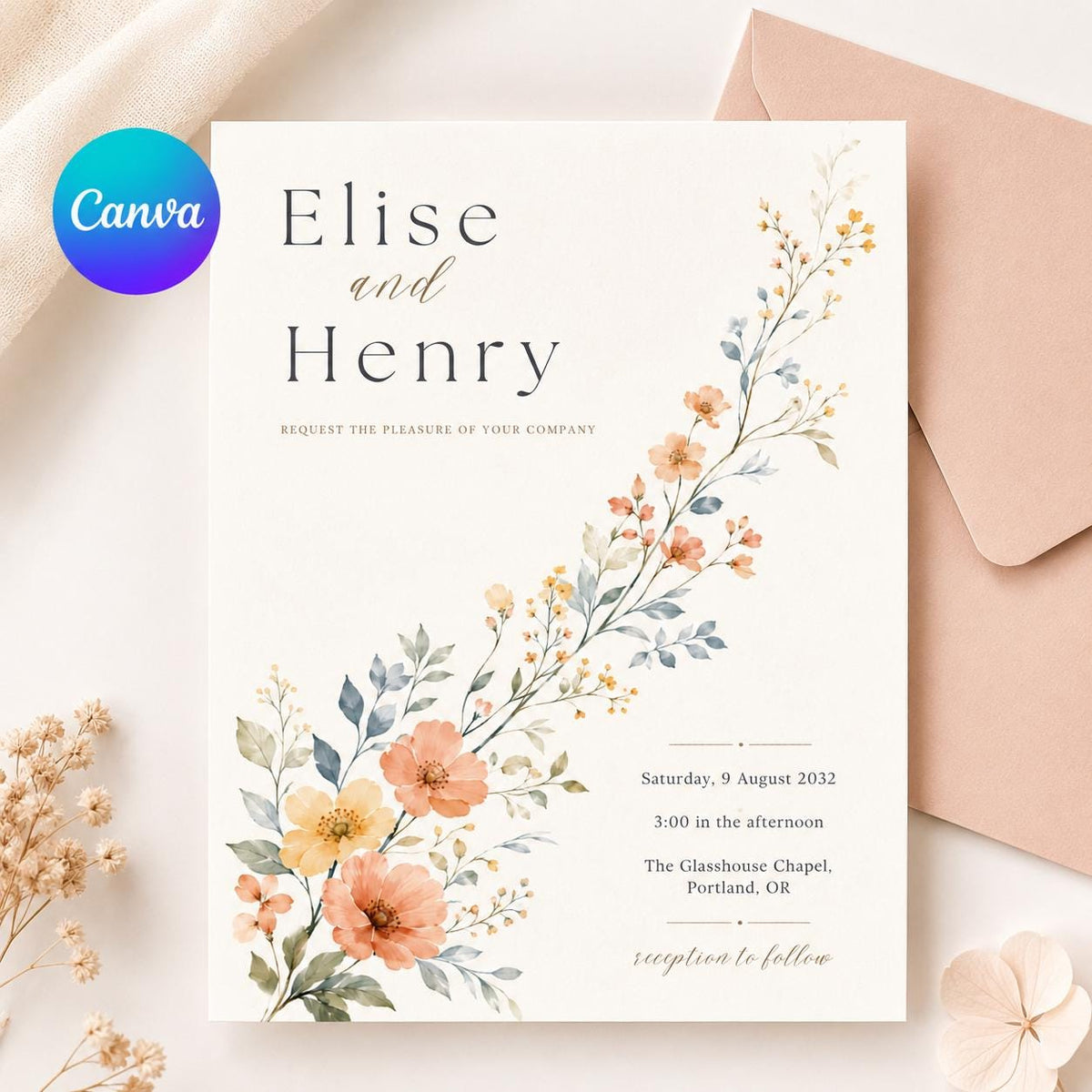 Diagonal Watercolor Wildflower Wedding Invitation — editable Canva template