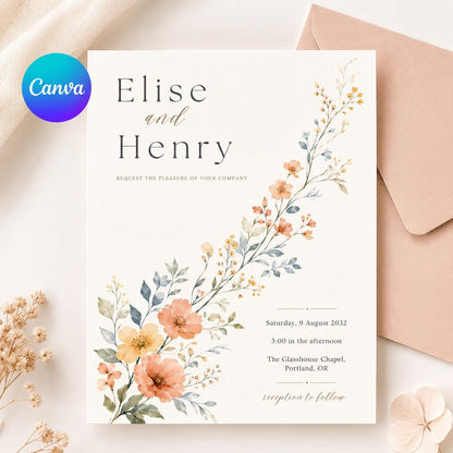 Diagonal Watercolor Wildflower Wedding Invitation — editable Canva template