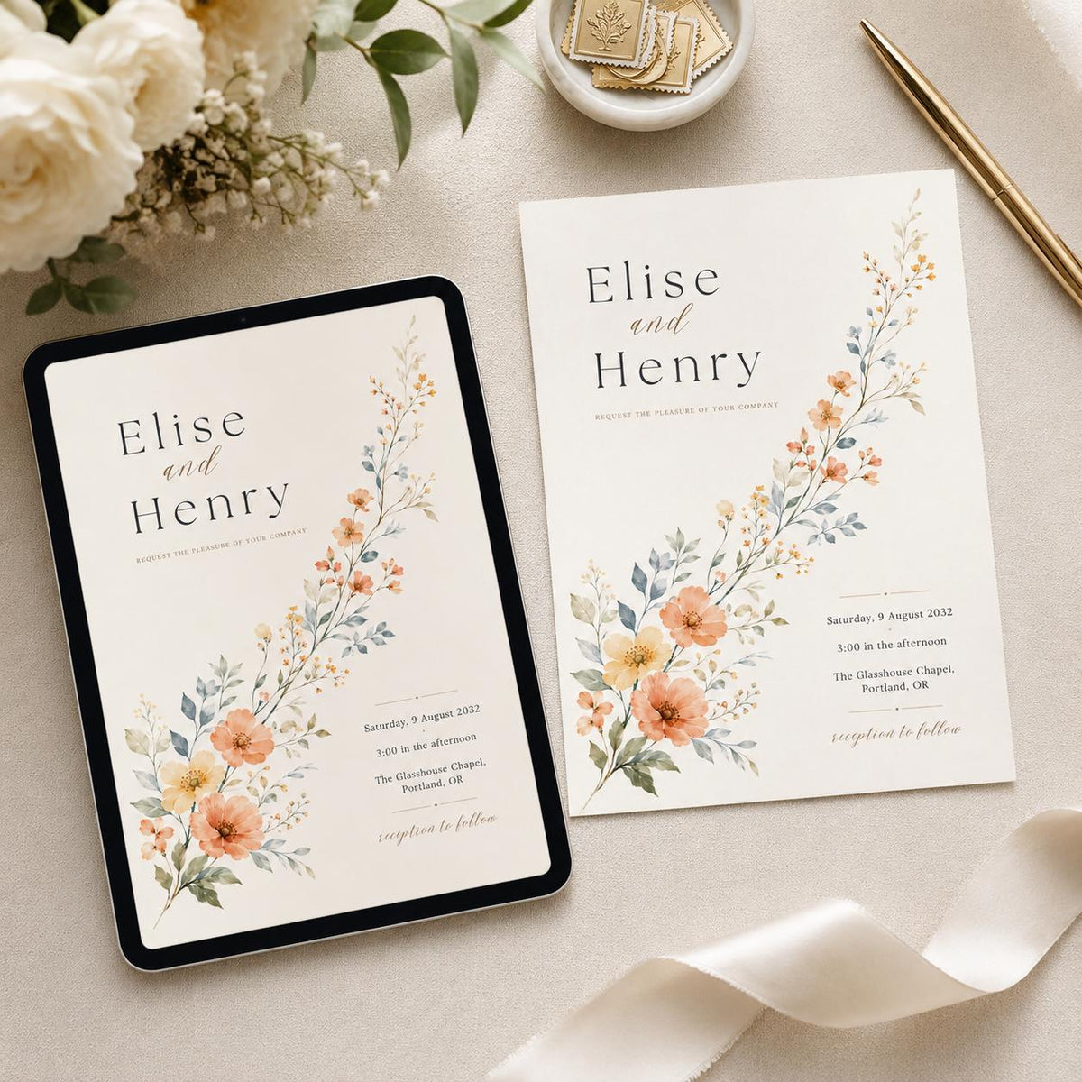 Diagonal Watercolor Wildflower Wedding Invitation — leaf and peach design