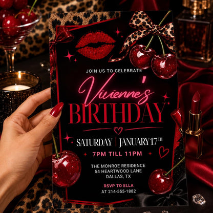 Black Coquette Cheetah Print Birthday Invitation: Let’s Get Wild Birthday — print-ready birthday party design from VoltBy