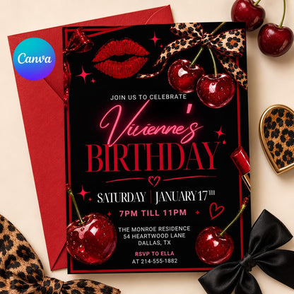 Black Coquette Cheetah Print Birthday Invitation: Let’s Get Wild Birthday — editable Canva template