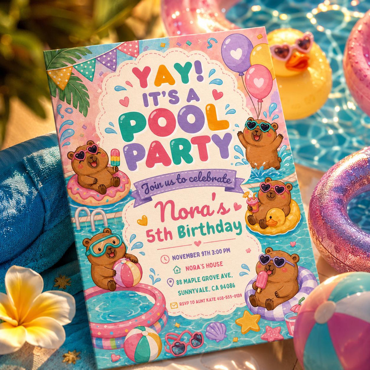 Pastel Capybara Pool Party 5th Birthday Invitation — invitation you personalize in Canva