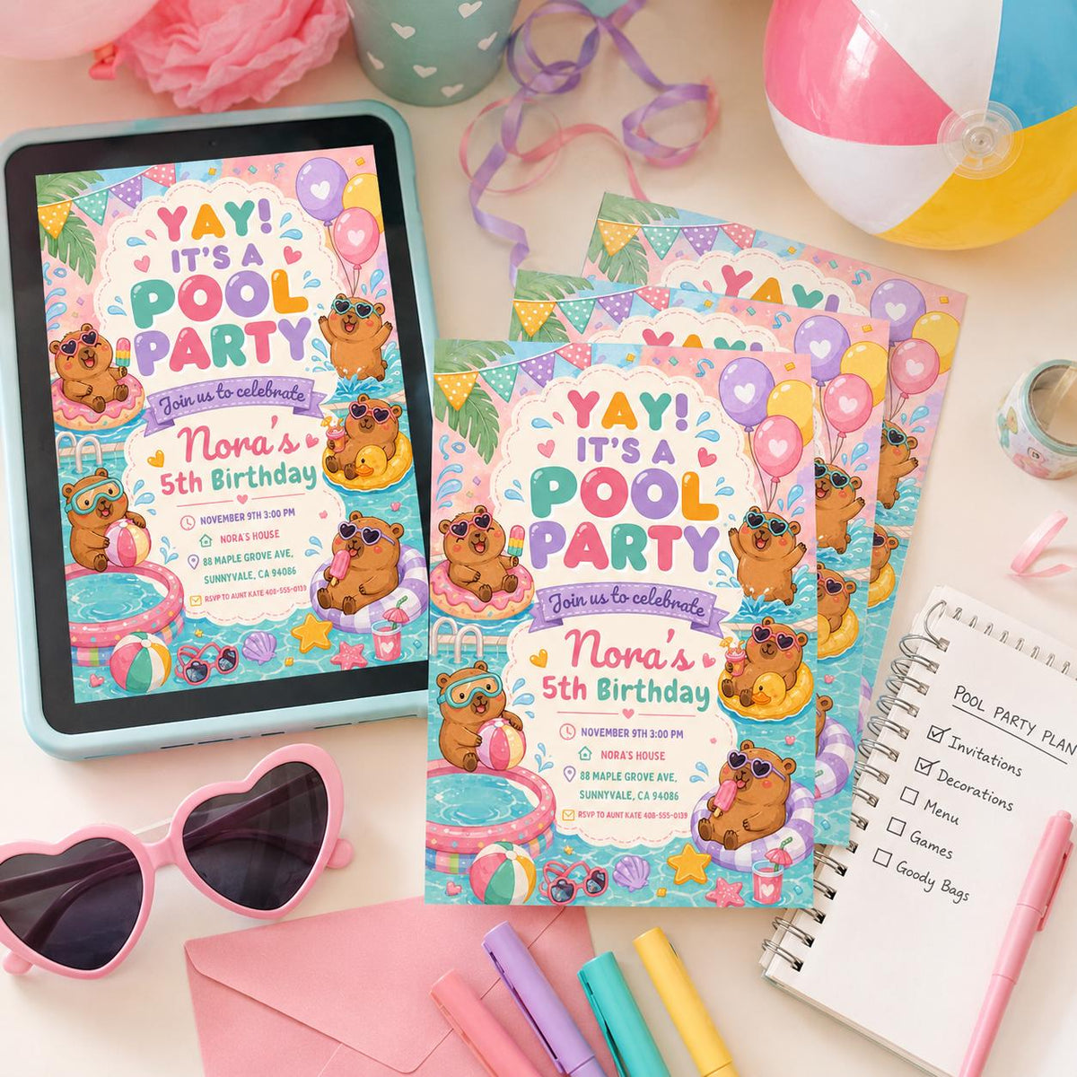 Pastel Capybara Pool Party 5th Birthday Invitation — print-ready 5th birthday party design from VoltBy