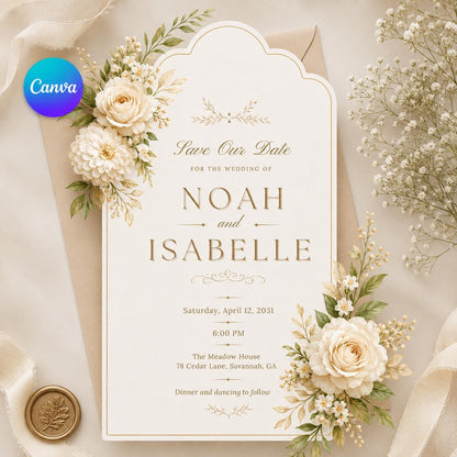 Ivory Floral Arch Wedding Save the Date — editable Canva template