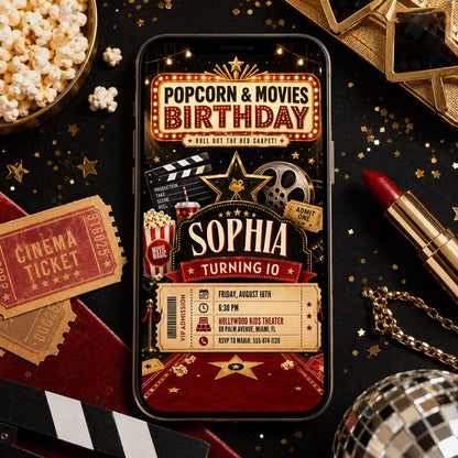 Popcorn and Movies 10th Birthday Invitation — invitation you personalize in Canva