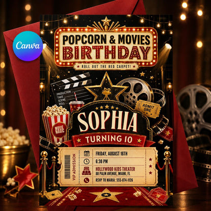 Popcorn and Movies 10th Birthday Invitation — editable Canva template