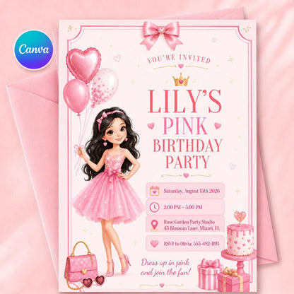 Pink Birthday Party Invitation with Doll and Heart Balloons — editable Canva template