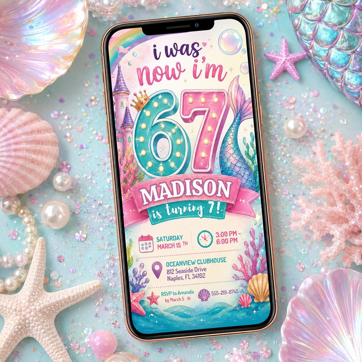 I Was 6 Now I'm 7 Mermaid Invitation, Gen Alpha Meme Party, Editable Pink Glitter Mermaid Tail 7th Birthday, 6 7 meme Party Canva Template __etsy:8104035533