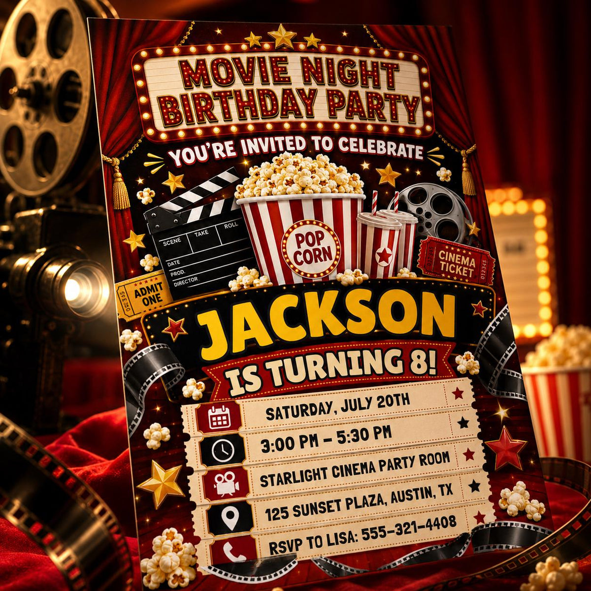 Movie Night 8th Birthday Invitation with Red Theater Curtains — invitation you personalize in Canva