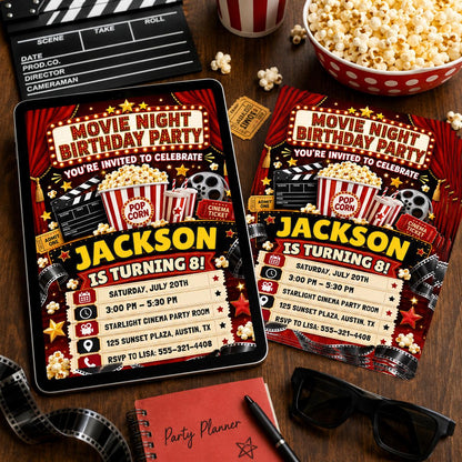 Movie Night 8th Birthday Invitation with Red Theater Curtains — print-ready 8th birthday party design from VoltBy