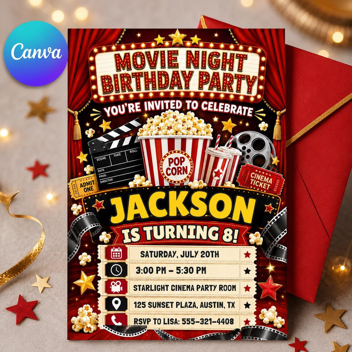 Movie Night 8th Birthday Invitation with Red Theater Curtains — editable Canva template