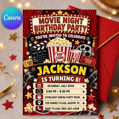 Movie Night 8th Birthday Invitation with Red Theater Curtains — editable Canva template