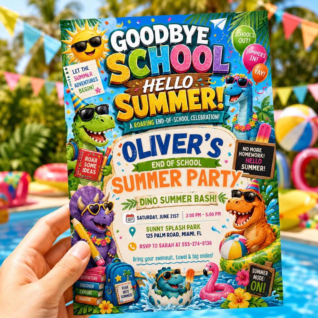 Dinosaur Summer Party, End of School Party Invitation, Hello Summer, Sunshine Editable Invitation Template, Summer Bash Invite Canva __etsy:8104179571
