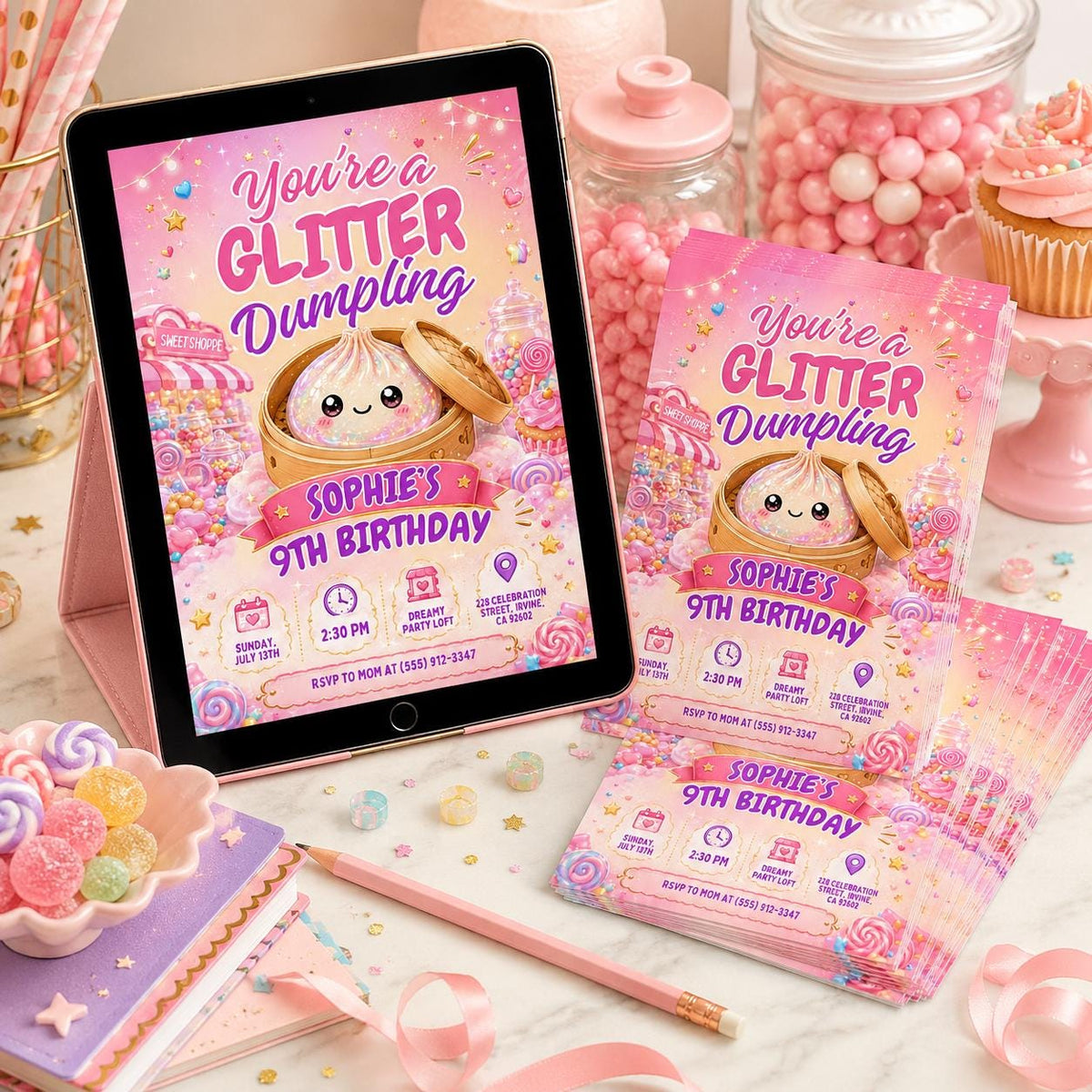 Glitter Dumpling 9th Birthday Invitation — candy and sparkle design