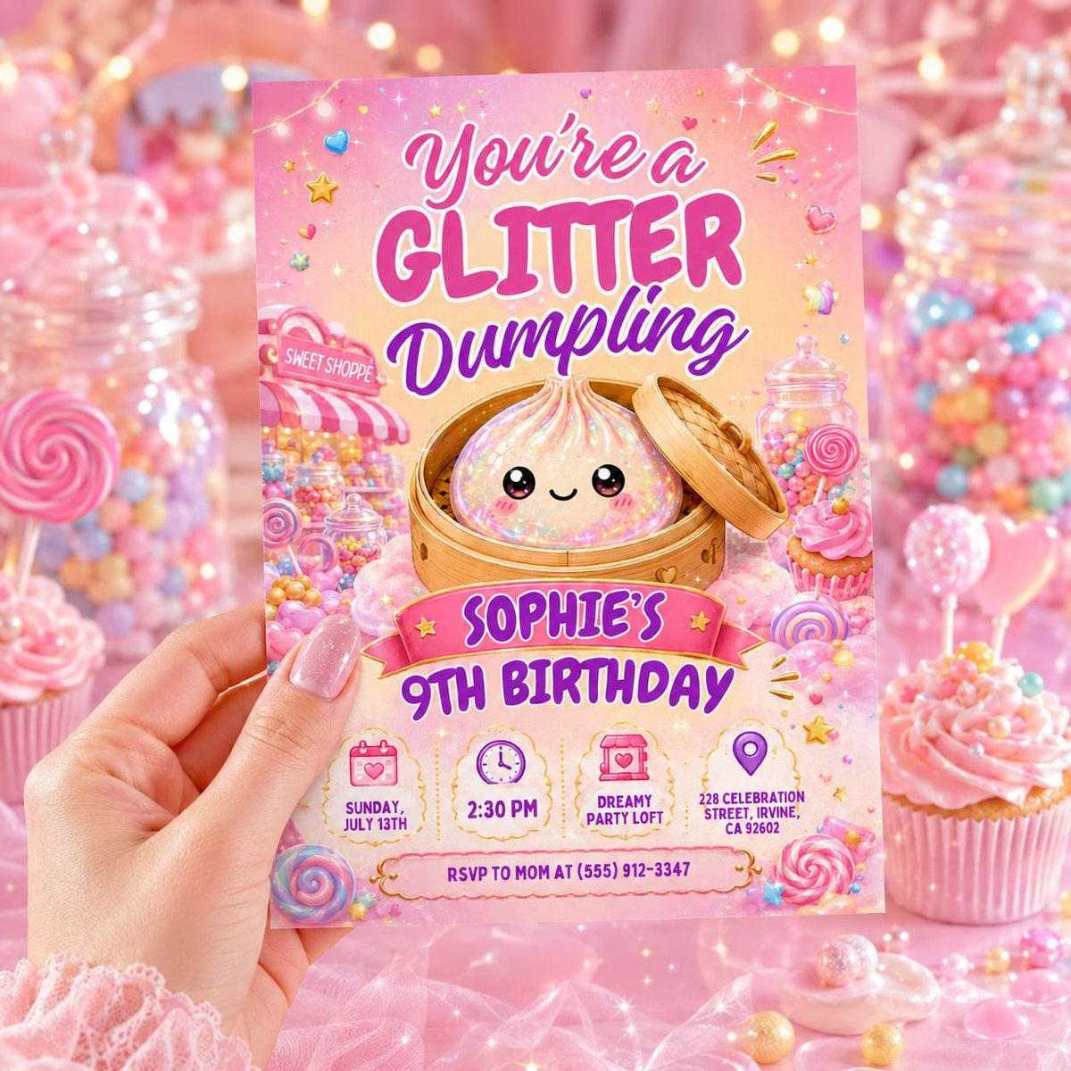 Glitter Dumpling 9th Birthday Invitation — print-ready 9th birthday party design from VoltBy