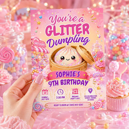 Glitter Dumpling 9th Birthday Invitation — print-ready 9th birthday party design from VoltBy