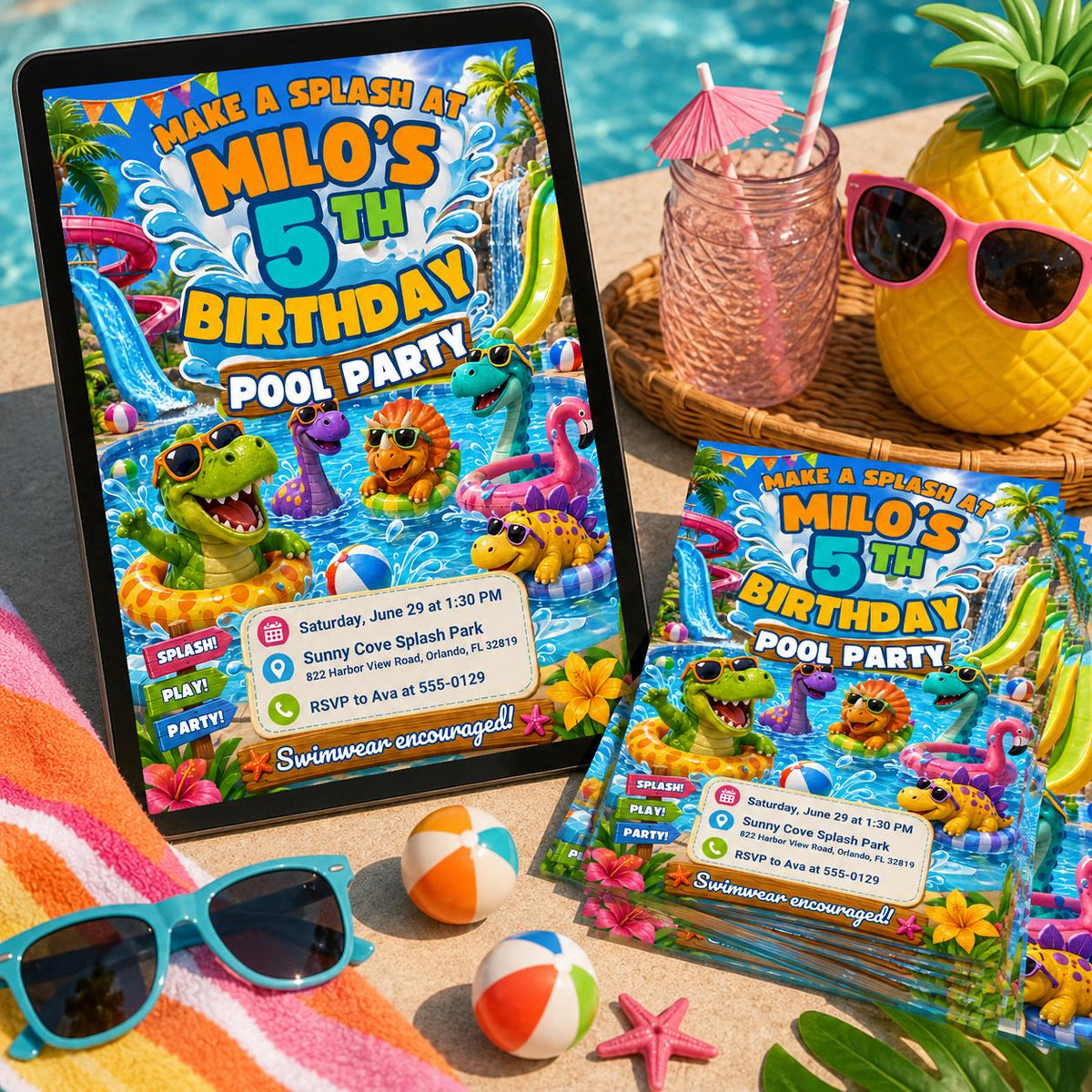 Cartoon Dinosaur Pool Party 5th Birthday Invitation with Waterslide — print-ready 5th birthday party design from VoltBy