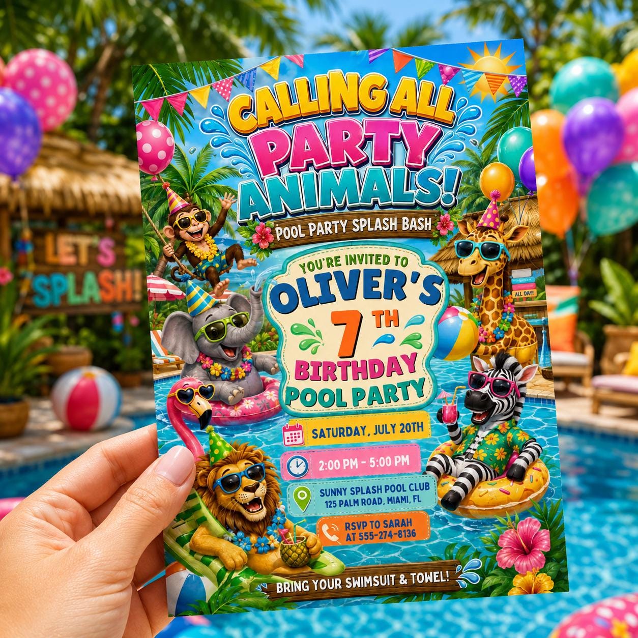 Pool Party Invitation, Kids Summer Birthday Invite, Editable Canva Template, Animal Pool Party, Pool Party Birthday Party Invitation Templat __etsy:8105173631
