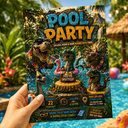 Dinosaur Pool Party Invitation Template, Pool Party Birthday Party Invitation Template, Hand Drawn Whimsical Swim Birthday Invite, Canva __etsy:8105174085